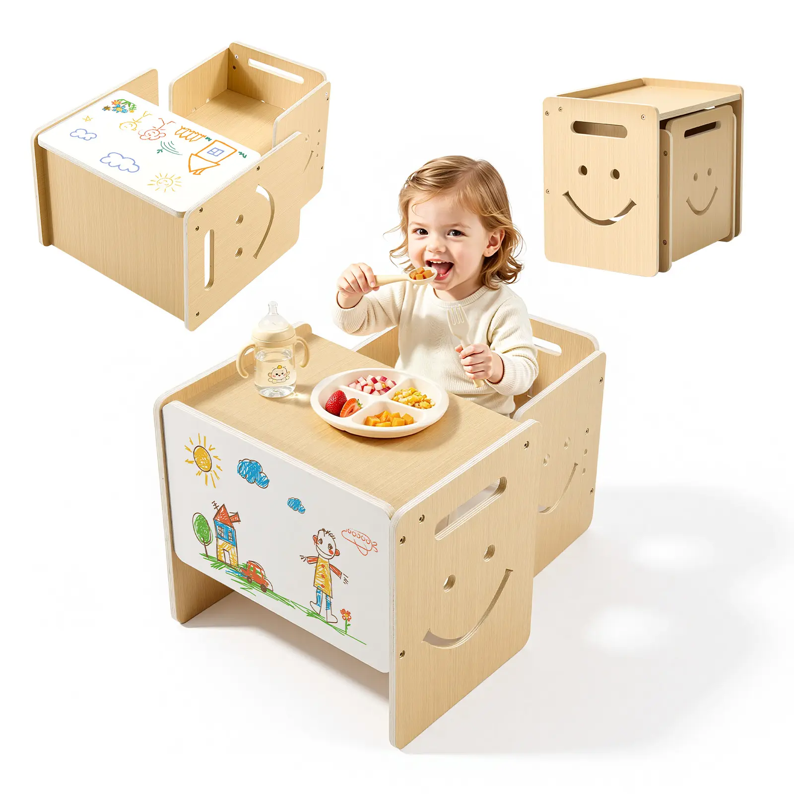 【SummerFinds】VEVOR Montessori Adjustable High Chair Table & Chair Set, Wooden Kids Furniture for Toddlers 1-5, 3-Height Step Stool with Whiteboard, Easy to Clean for Eating, Drawing, Adjustable High Chair Table & Chair Sets
