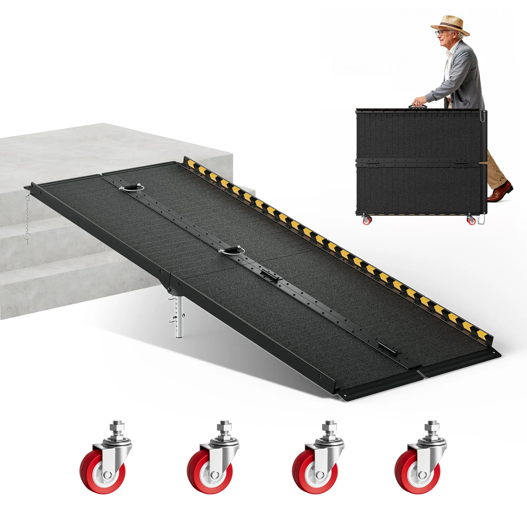 【Back To School】CAMMOO 7 FT Portable Wheelchair Loading Ramp - 800LBS Heavy-Duty High-Strength Aluminum Alloy, 4 Adjustable Legs, 4 Wheels, Triple Anti-Slip Seamless Design, Ideal for Home Steps, Thresholds