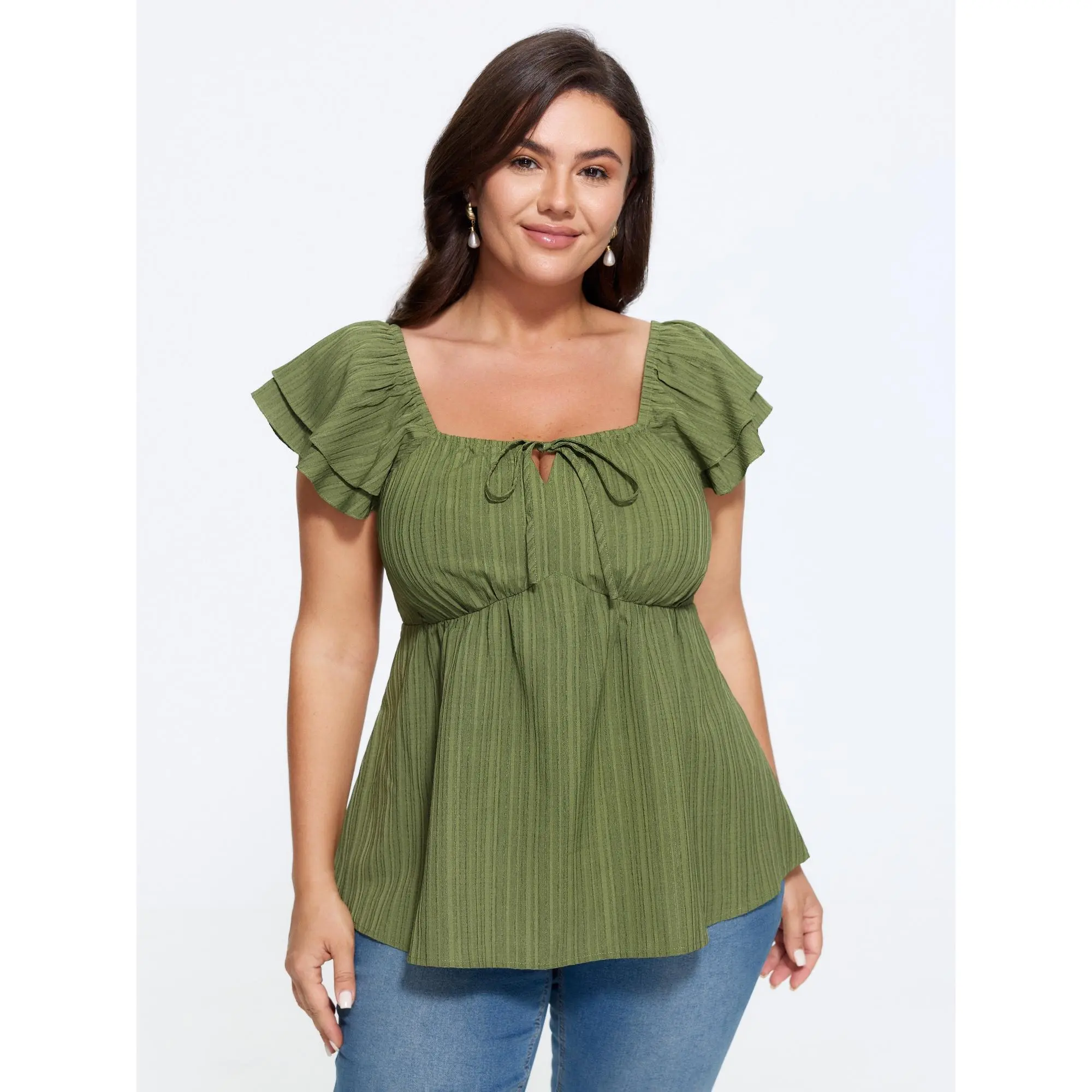 BloomChic Lady's Plus Size Square Neck Textured Shirred Back Casual Blouse - Short-Sleeve Garment Top, 2026 Summer Outfits, Size M-6X, Fabric, Polyester, Ruffle, Shirts, Women, Plus Size Tops