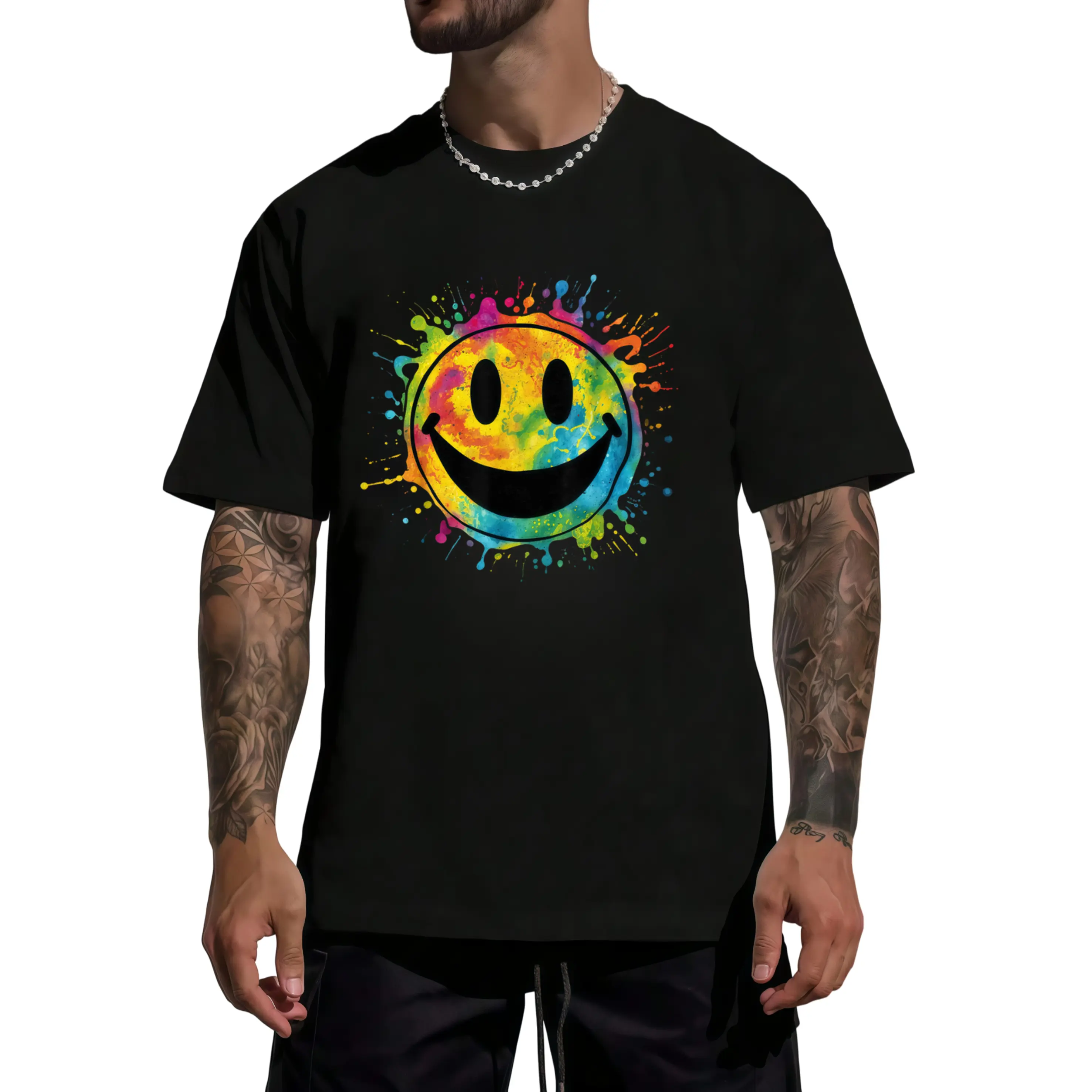 Men's Plus Size Retro Rainbow Tie-Dye Smile Face Graphic T-Shirt - 70s Peace Style, Black Casual Summer Tee for Big & Tall, Vibrant Yellow, Blue, Pink & Green Design, Comfortable Round Neck, All, PLUS SIZE