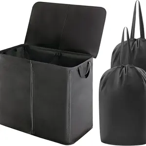 105L Double Laundry Hamper with Lid and Removable Laundry Bags, Divided Laundry Basket with Handles, Large Separated Clothes Basket, Black