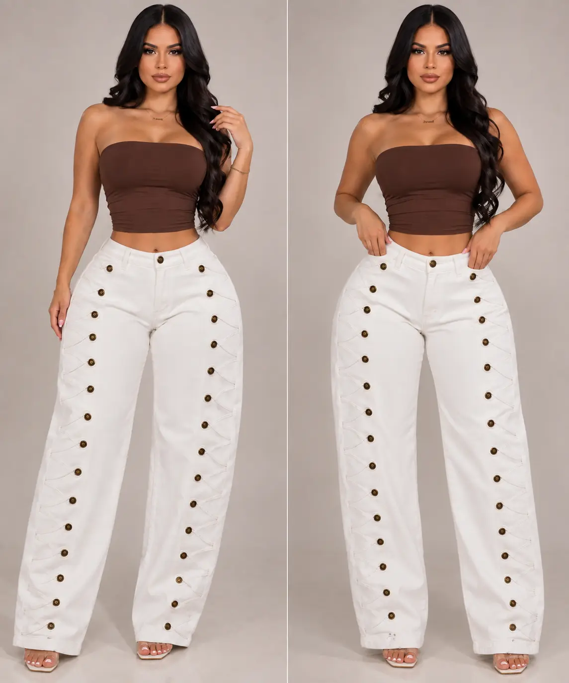 Ulissa Barrel Jean - White High-Waisted Wide-Leg Trousers with Button Details for Women