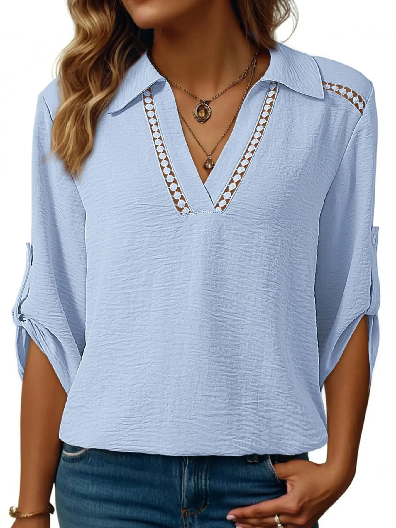 A women's fashionable casual solid color polo top with a hollow-out V-neck and three-quarter sleeves, versatile and suitable for summer, vacations, and daily wear, Shirts, Womenswear