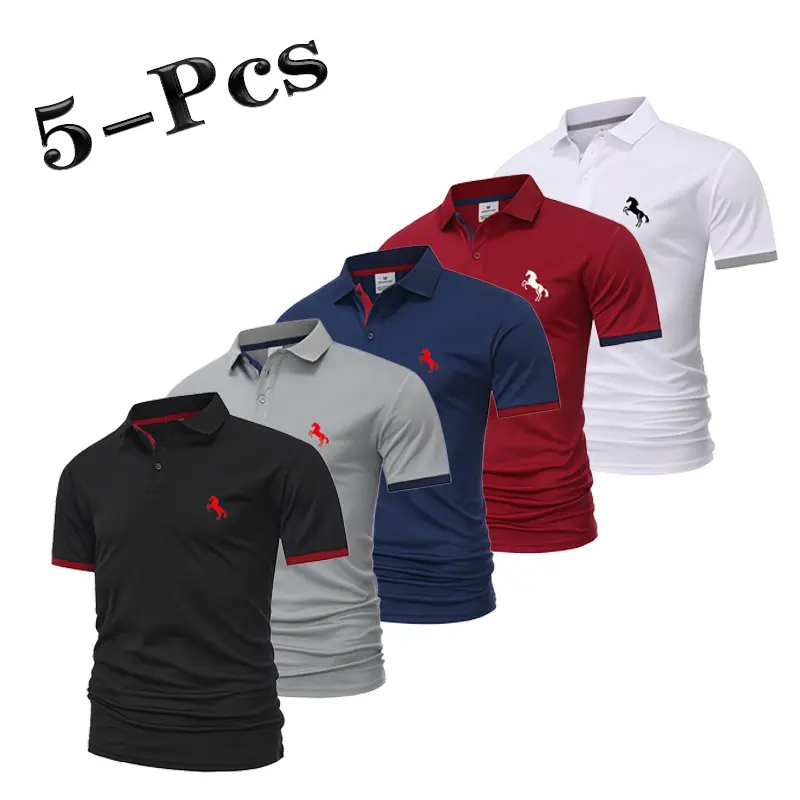 5 Pack Polo Shirt for Men, Short Sleeve Collared Tops with Embroidered Chest Accent, Contrast Cuffs and Button Placket, Breathable, Lightweight and Comfortable Slim-Fit Shirts for Golf, Business, Office, Work, Travel, Summer Streetwear and Daily Wear