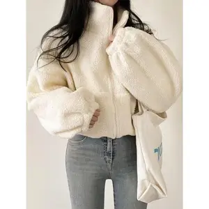 Women’s Sherpa Fleece Cropped Jacket — Loose Fit, Hoodie, Long Sleeves, Short Length, Cute Style