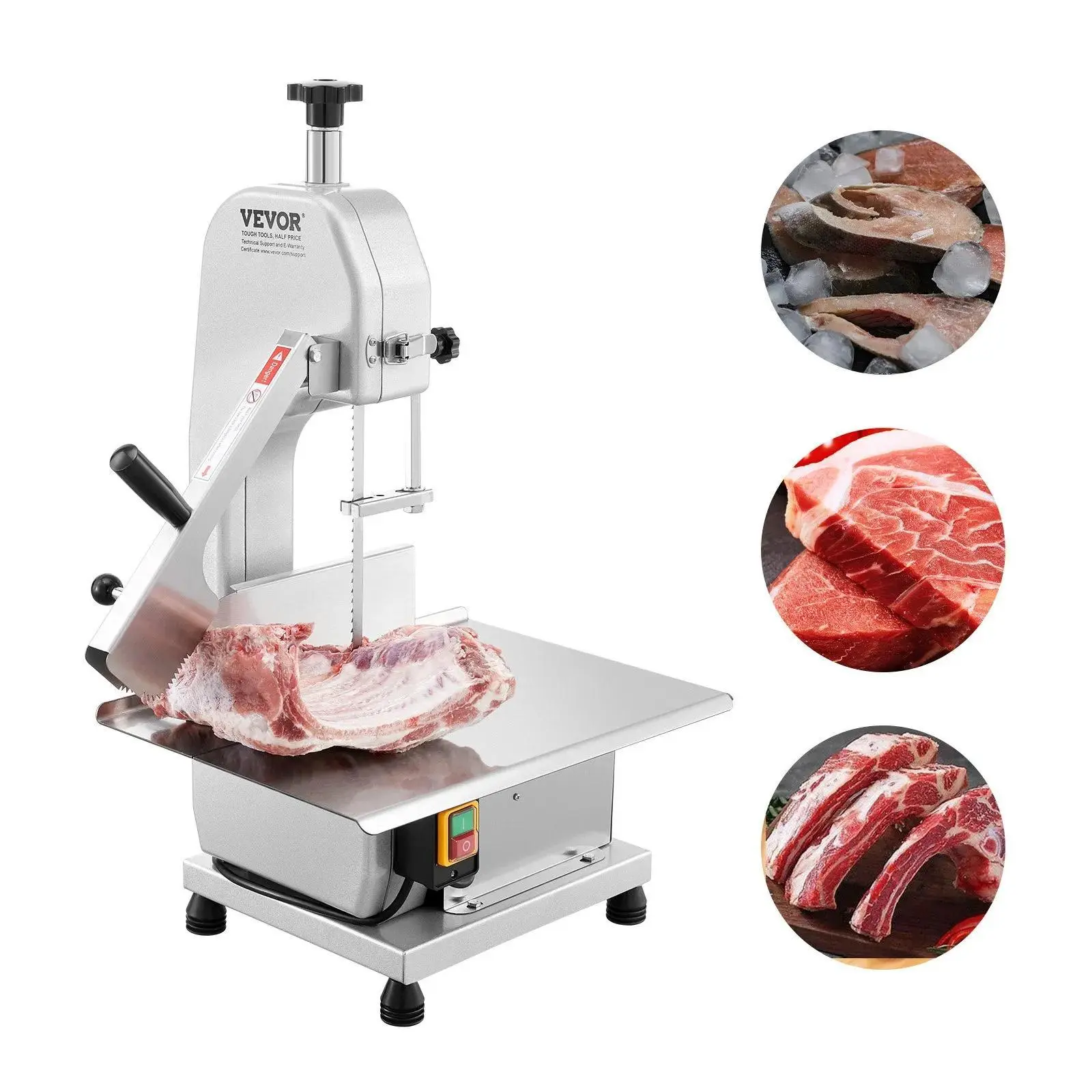 VEVOR Commercial Electric Meat Bandsaw - 650W Sturdy Stainless Steel Countertop Machine, 12.4x18.1" Workbench, 4.33in Max Cutting Thickness, Smooth Accurate Bone Cutting, Frozen Fish Rib Pork Beef Cutter, Commercial Users