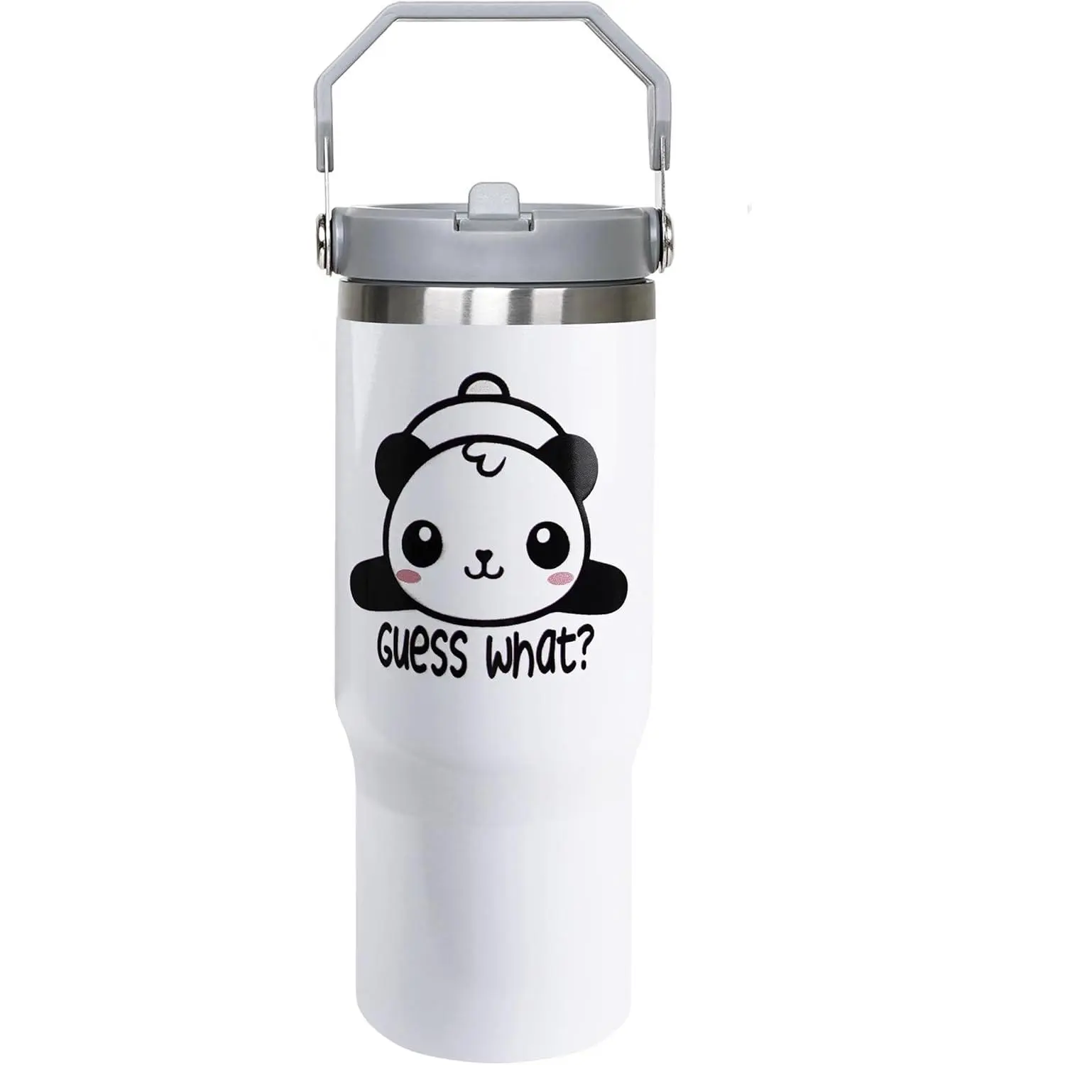 30oz Panda Stainless Steel Thermal Insulated Reusable Water Bottle - Leakproof BPA-Free Vacuum Flask Mug, Wide Mouth Anti-Scalding Tumbler with Handle & Straw, Eco-Friendly Portable Drink Kitchenware for Animal Lovers, Gift (White Black)