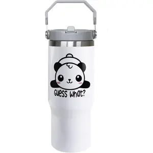 30oz Panda Insulated Thermal Vacuum Flask, Portable Wide Mouth Stainless Steel Water Bottle Tumbler with Handle and Straw, Leak-Proof Travel Coffee Mug, Reusable Kitchenware Gift for Panda Lovers (White Black), Water Bottles