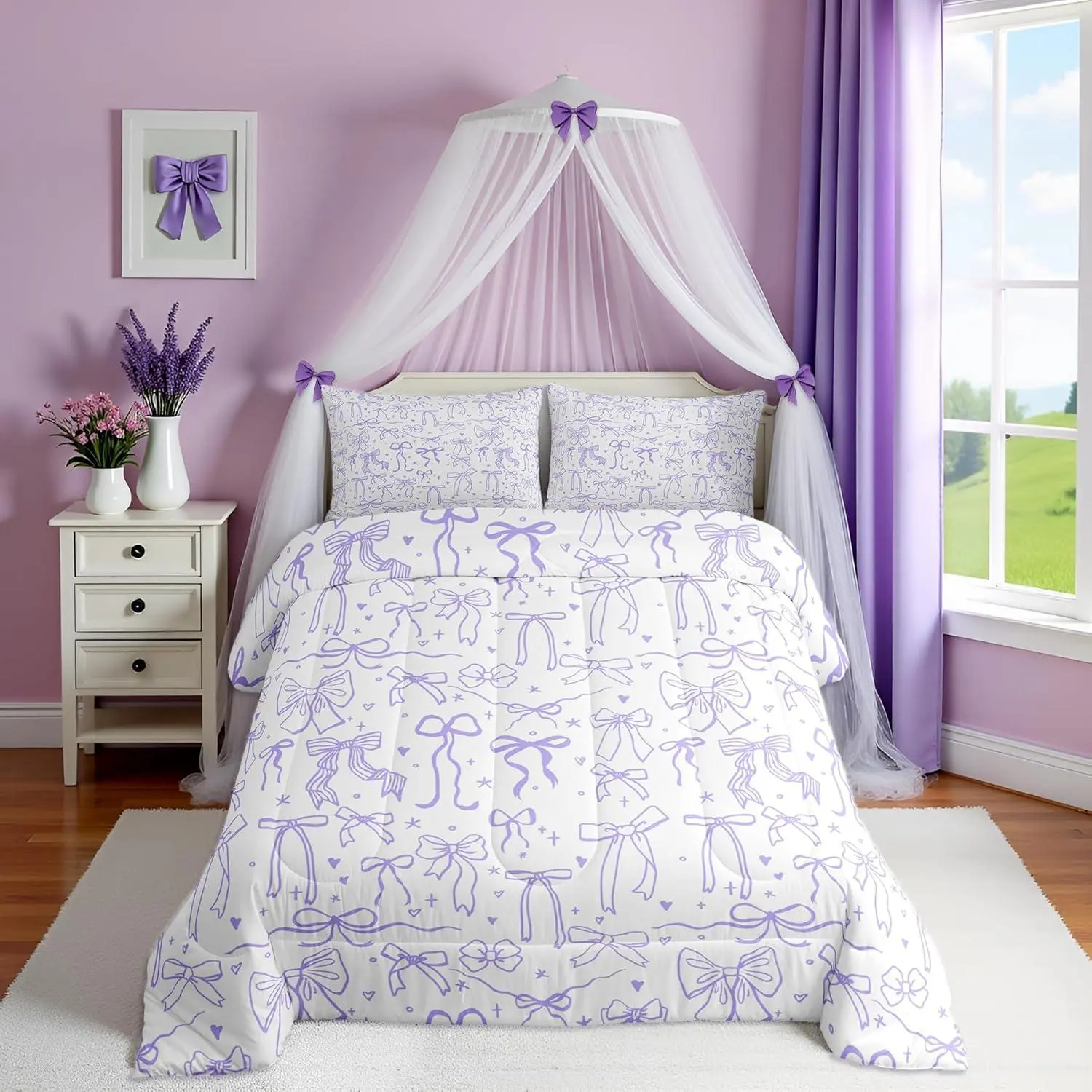 Feelyou Bow Motif Bedding Set - Kawaii Princess Style Polyester Breathable U-Stitching Quilt, Multi-Size Duvet, Travel-Ready Blanket for Girls, Daughters (King, Queen Sizes Available), Blanket For Daughters, Cartoon Print Blanket
