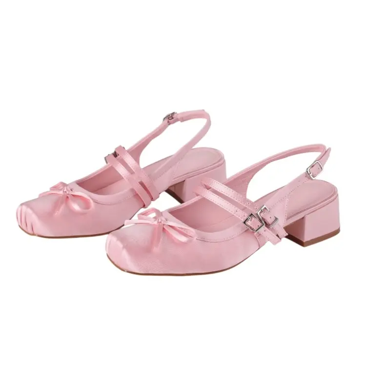AMINUGAL Women's Elegant Mary Janes Shoes - Satin Fabric Chunky Heel Ballet-Style Pumps, Square Toe, Sweet Bowknot, Slingback Party Shoes for Women