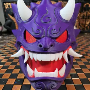 Purple Oni Mask – 3D Printed Cosplay, Glow Teeth Horns – Japanese Demon Wall Decor