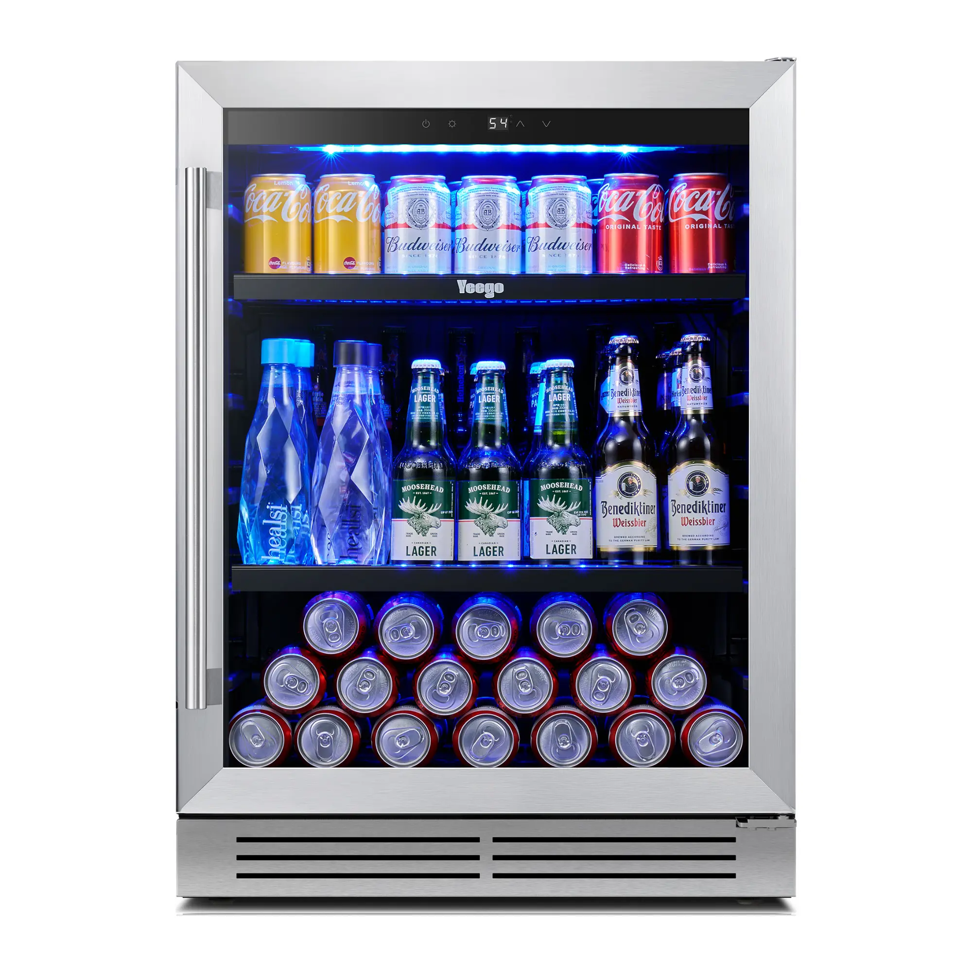 Yeego 24-Inch Beverage Refrigerator, 34-54°F Under-Counter Built-In Refrigerator, 180-Can Capacity Glass Door Mini Refrigerator with LED Lighting and Silent Cooling System, Suitable for Soda, Beer, and Wine, Ideal for Home or Office