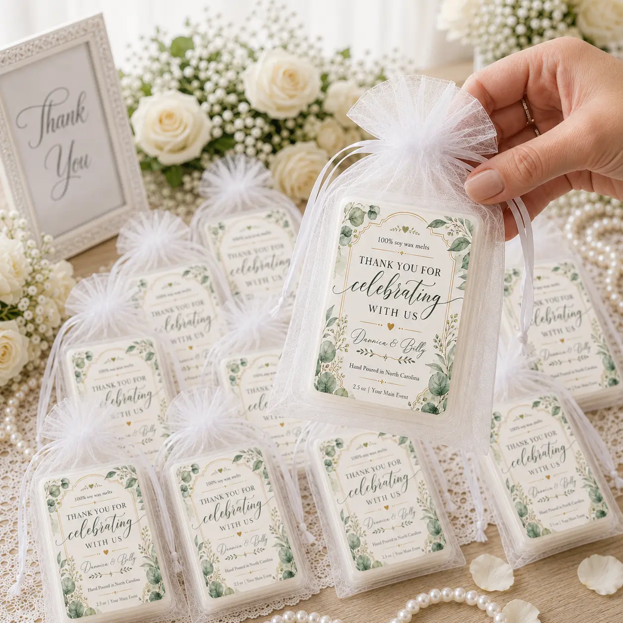 Personalized Wax Melt Wedding Favors, Bridal Shower Favor Gifts, Eucalyptus Wax Melts, Custom Names, Thank You for Celebrating With Us