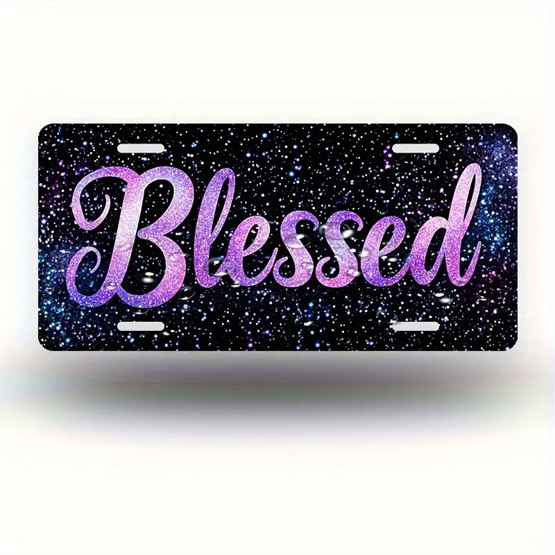 Blessed Starry Night Purple Aluminum License Plate| 6x12 Inch Fit| Vibrant Purple& Black Cosmic Design with Playful Typography| Durable Metal Car Accessory for Men, Women& Teens| High-Quality Printing