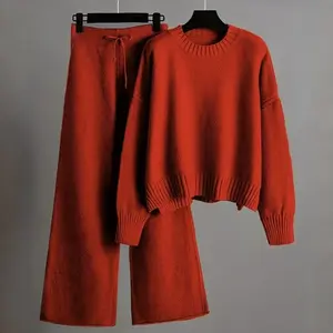 Women's 2pcs Outfits Sweater Sets Loungewear Long Sleeve Pullover And Wide Leg Pants Lounge Sets,  Cozy Outfit, Elegant Loungewear, Quality Knitwear, Lounge Outfit, Stylish Women