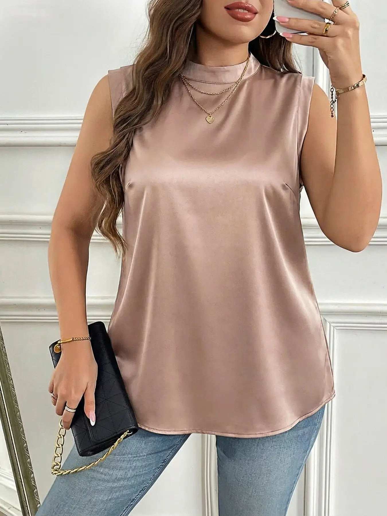 Plus Size Women's Plain Sleeveless Blouse Top, Elegant Stand Collar Backless Design, Perfect for Evening, Daily Wear, Parties, Dates, Holidays