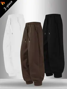 Men's Spring & Fall Classic Solid Color Casual Pants Set, 3-Piece Drawstring Jogger Sports Outdoor Wear, Fitted Style, Sports Bottoms, Drawstring Waist Athleisure