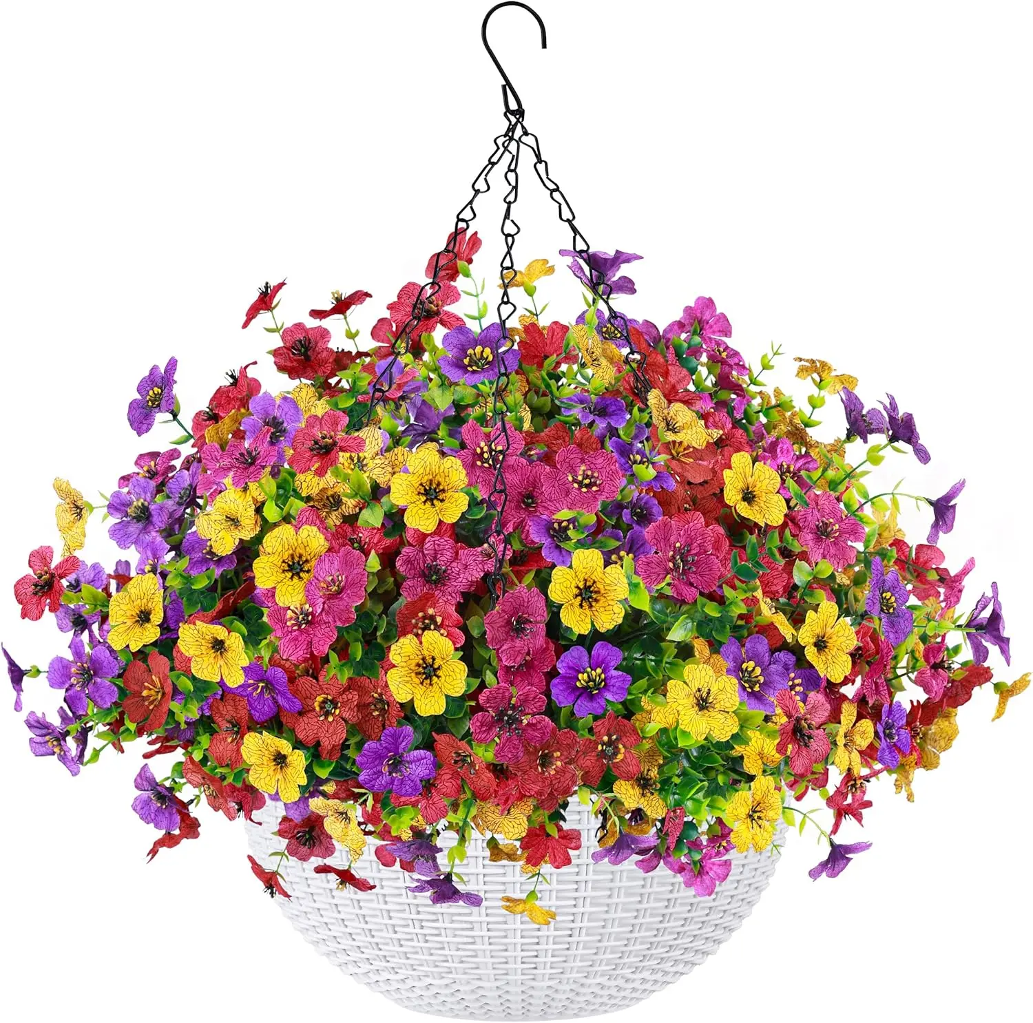 Der Rose Colorful Plastic Artificial Hanging Flower Basket - 12 Bundles UV-Resistant Faux Flowers, Indoor/Outdoor Floral Decor for Patio/Balcony, Home Ornaments & Summer Gifts