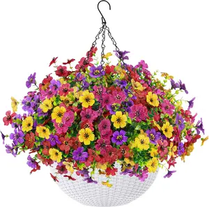 Der Rose Colorful Plastic Artificial Hanging Flower Basket - UV-Resistant Faux Spring Flowers for Patio, Balcony Decor, Home Ornaments