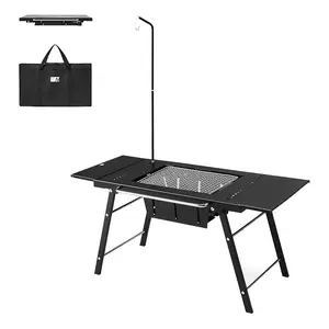 Naturehike Portable Charcoal Grill with Table , Folding Camping Table and BBQ Grill with Desk Extension&Lantern Stand, for Outdoor Camping Cooking