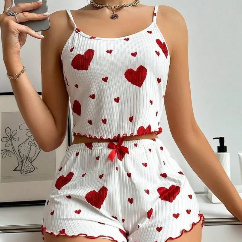 yesido Women's Nightwear Set, Chic Girly Feminine 2-Piece Pajama Set with Heart Print and Ruffles, Spaghetti Strap Cami & Shorts, Fabric, Style, Casual, Clothes, Lingerie Set tiktokshopbacktoschool