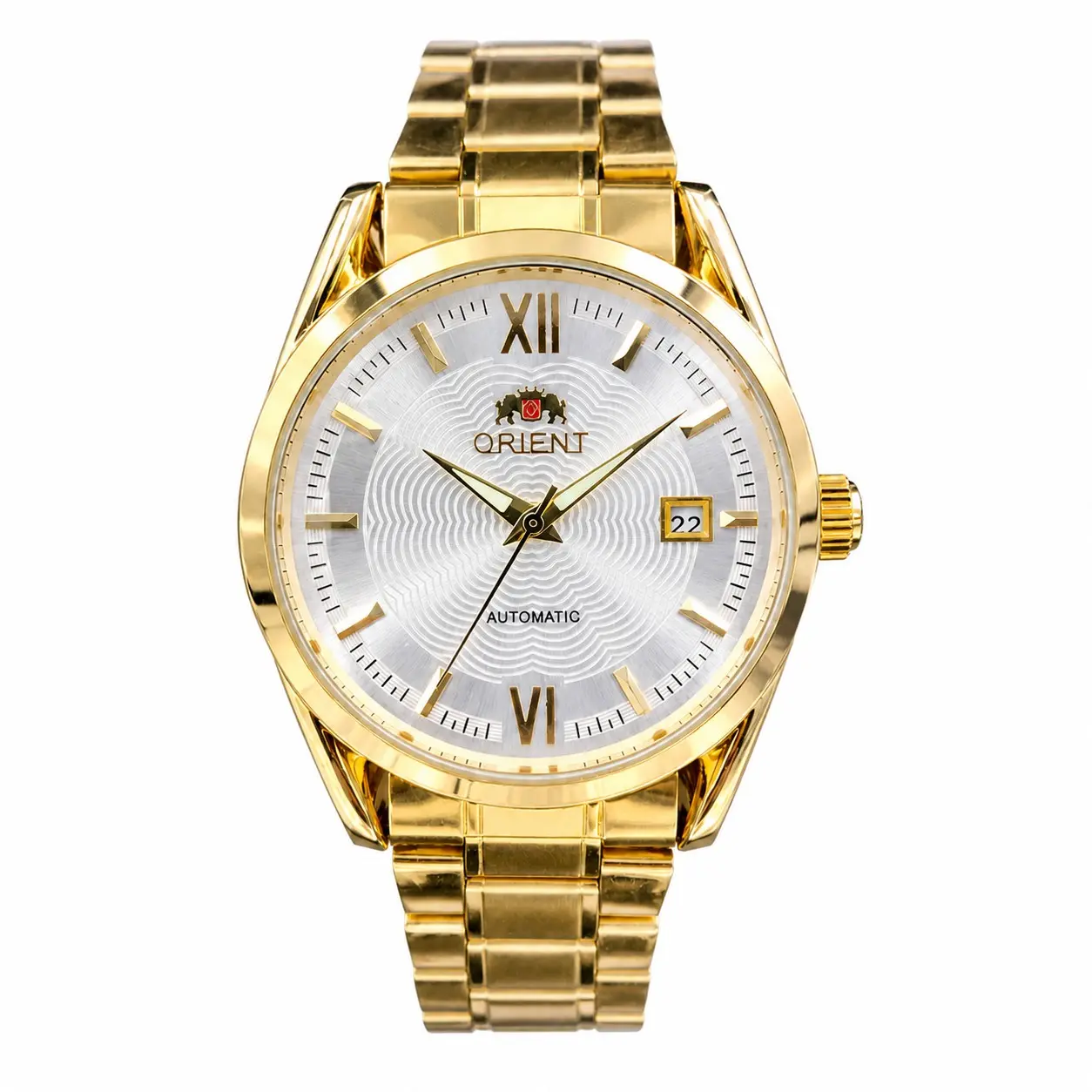 ORIENT Men's Automatic Analog-Digi Mechanical Wrist Watch - Gold-Tone Round Case, Roman Numeral Markers, Textured Wave Round Dial, Calendar Date Display Window, Polished Stainless Steel Bracelet, Classic Male Wear Business Dress Timepiece