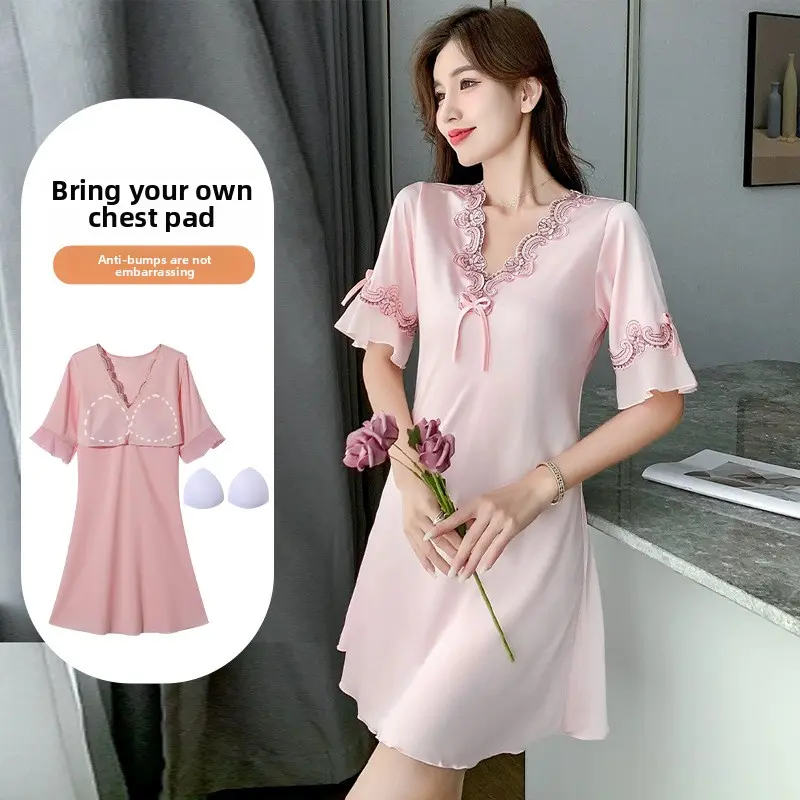 Built-in Bra Sleep Dress for Women, Summer Ice Silk with Integrated Chest Pads, Silk Sexy Lace Sleepwear, Suitable for Outerwear, Home Sleepwear