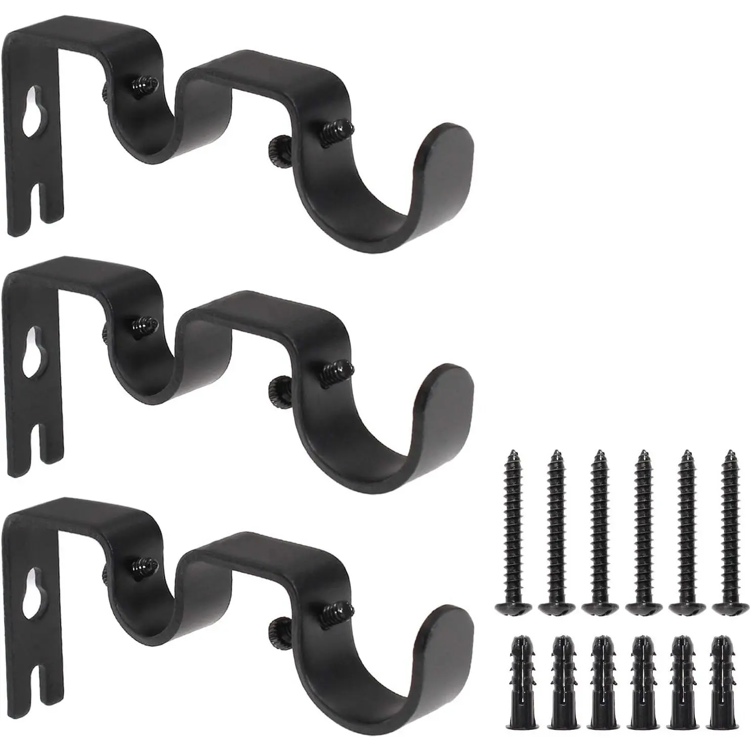 3 count Black Curtain Rod Bracket, Heavy Duty Double Curtain Rod Hanging Brackets Wall Mount, Drapery Rod Bracket, Adjustable Curtain Rod Holders for Window, Home Curtain Rods (Black)