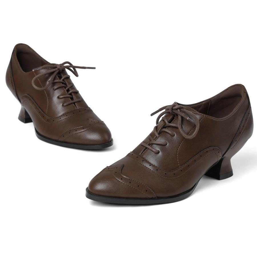 Women's Oxfords Dress Wingtip Vintage Comfortable Chunky High Heel Lace Up Brogues Booties Classic Wingtip Brogue Detail Sleek Faux Leather Material Comfortable Low Heel Timeless Vintage Style Versatile Footwear for Office, Casual Wear