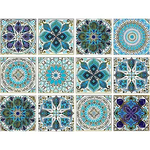 Mandala style 12 pcs 6x6 in decorative tile stickers peel and stick self adhesive removable moroccan talavera tiles backsplash waterproof kitchen bathroom furniture staircase home decor