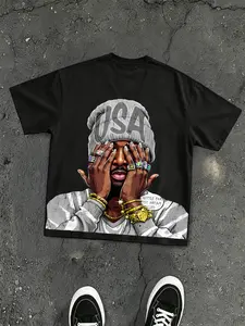 American Hip-Hop Portrait Print T-Shirt for Men, Loose-Fit Oversize Short Sleeve Summer Top, Casual Streetwear Fashion