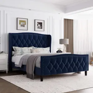 Full Blue Upholstered Bed Frame with 4 Storage Drawers Wingback Headboard with Charging Station Diamond Stitched Button Tufted Design No Box Spring Needed