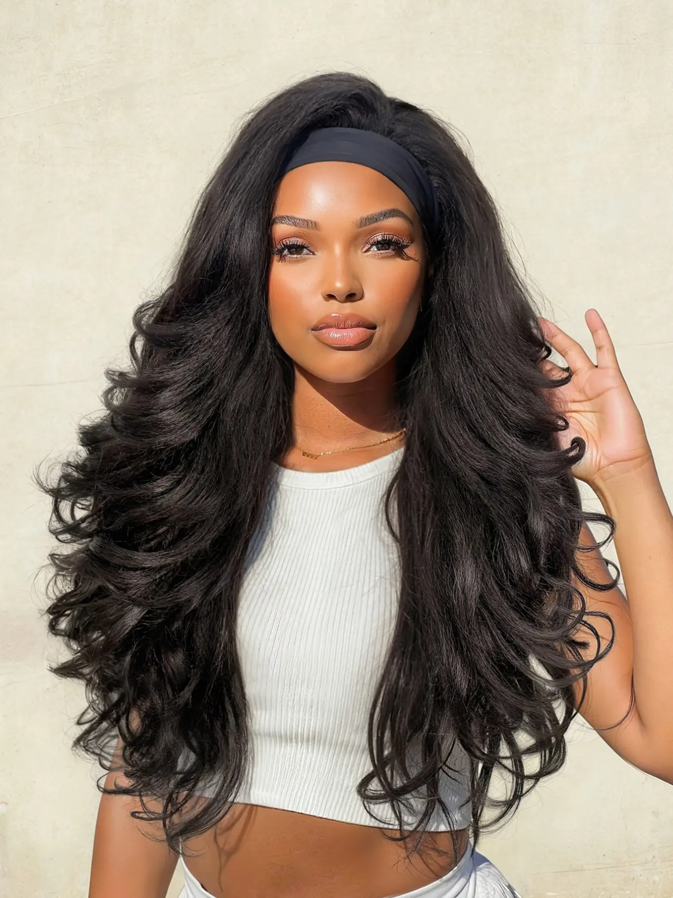 Headband Yaki Curly Wig, 26-Inch Synthetic Half Wig, Glueless Hair Wig with Flip Curls, Curly Half Wig for Women, Natural Wavy Wig
