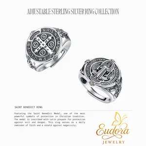 Eudora S925 Sliver Vintage Saint Benedict Ring, Adjustable St.Benedict Open Ring, Unisex Band with Benedictine Cross & Latin Inscriptions, Christian Jewelry Gift