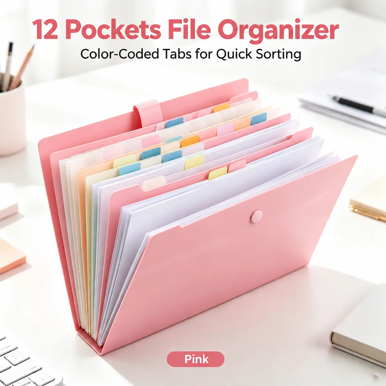12-Pocket Expanding File Folder, A4 Letter Size, Accordion Document Organizer, Snap Closure, Labeled Tabs, Color-Coding Stickers, Home Office School