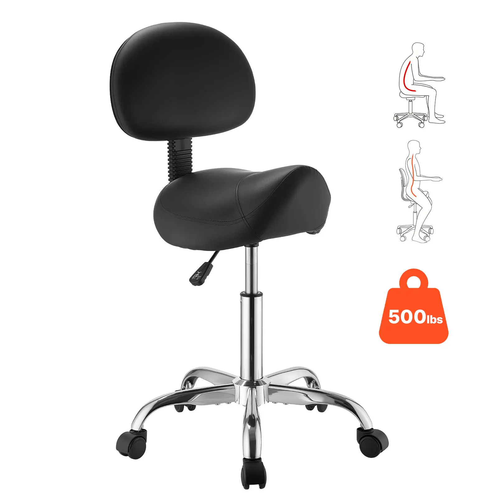 【SummerFinds】VEVOR Saddle Stool with Back Support, 500 lbs Weight Capacity, Height Adjustable, Ergonomic PU Leather Seat, 360° Swivel Saddle Stool Rolling Chair with Wheels for Salon, Spa, Bar, Medical, Black