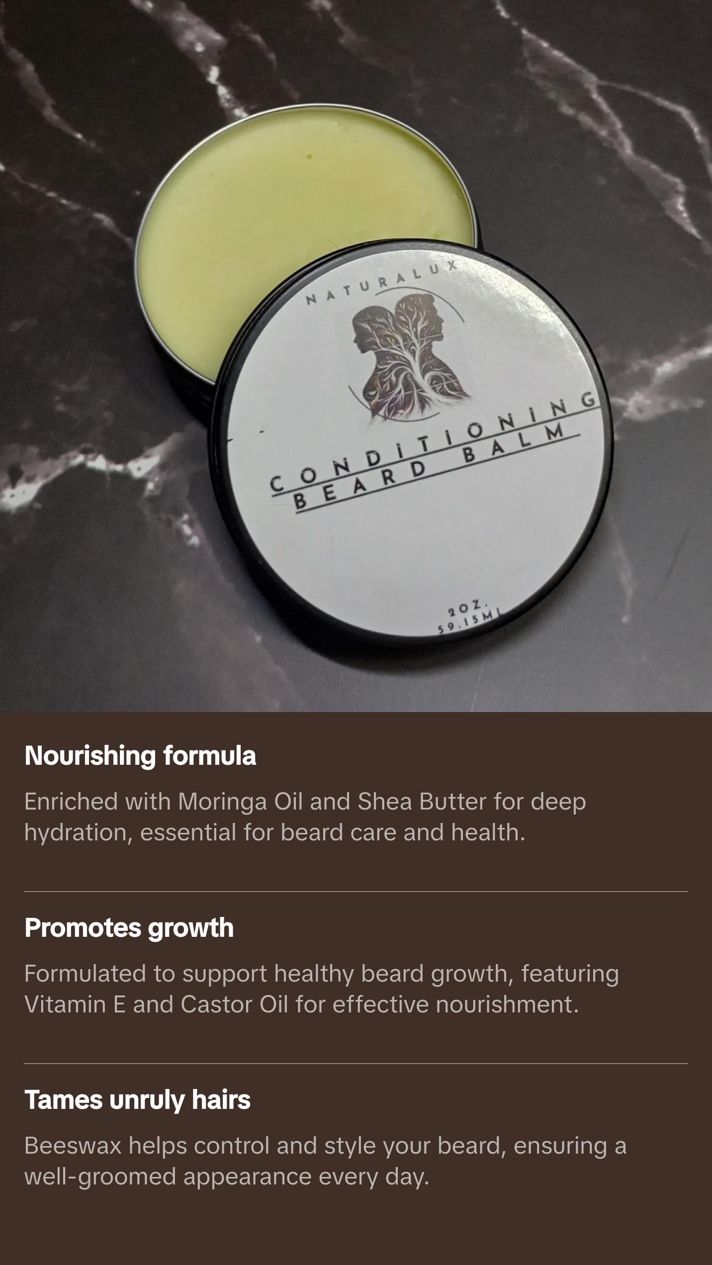 Naturalux Beard Balm with Moringa Oil, Shea Butter & Mango Butter - Nourishing Formula for Deep Hydration and Healthy Growth - Comfort, Hair Care