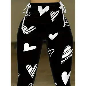 Women'SHigh-WaistedDrawstringLeggingswithHeart&StripedPatterns-SexyWhitePants,ComfortableStretchyFabricfor,&CasualWear,Leggings,Apparel,HighwaistedDesign,DurableFabricSpandexWomenswearBottomMixedColor