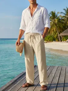 Men's Plain Cotton-Linen Beach Pants, Straight-Fit Menswear, Breathable Loose Casual Summer Trousers (Beige, White)