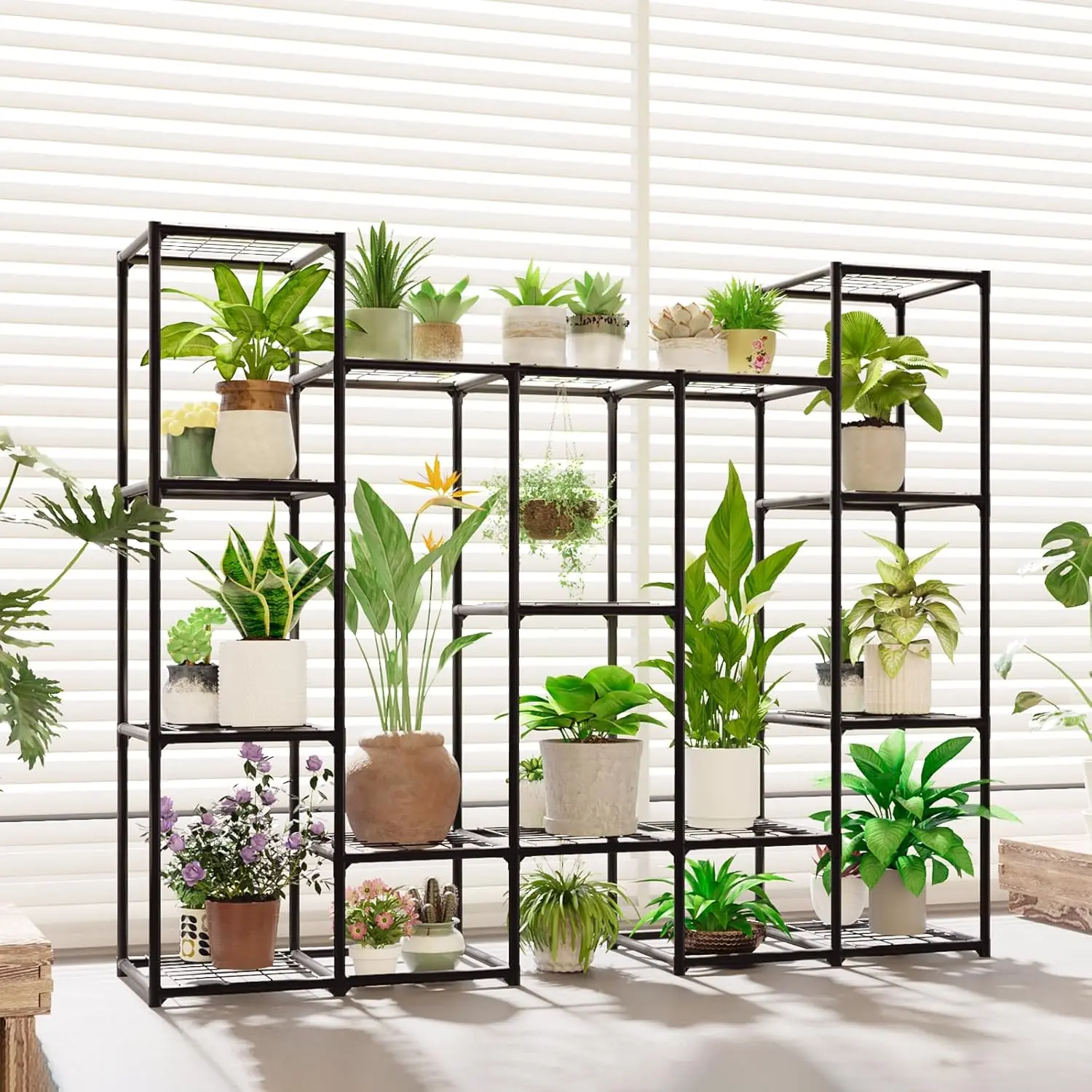 Bamworld Large Waterproof Premium Iron Pot Plant Stand - Wide Shelf Multi-Purpose Raised Indoor Stand, Easy Assembly, Outdoor Garden Accessories, Black Patio Balcony Decor, Indoor Stands