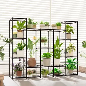 Large Plant Stand Indoor Outdoor Metal Plant Shelf Waterproof Plant Rack for Multiple Plants Wide Flower Stand for Patio Balcony Garden Black