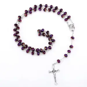 Y2K Purple Crystal Rosary Necklace, Silver Crucifix Prayer Beads, Christian Faith Religious Decor for Women’s Gifting