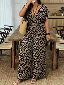 Women's Leopard Print V-Neck Drop Shoulder Wide Leg Jumpsuit, Summer Fashion Plus Size, Casual Loose Fit One-Piece Romper