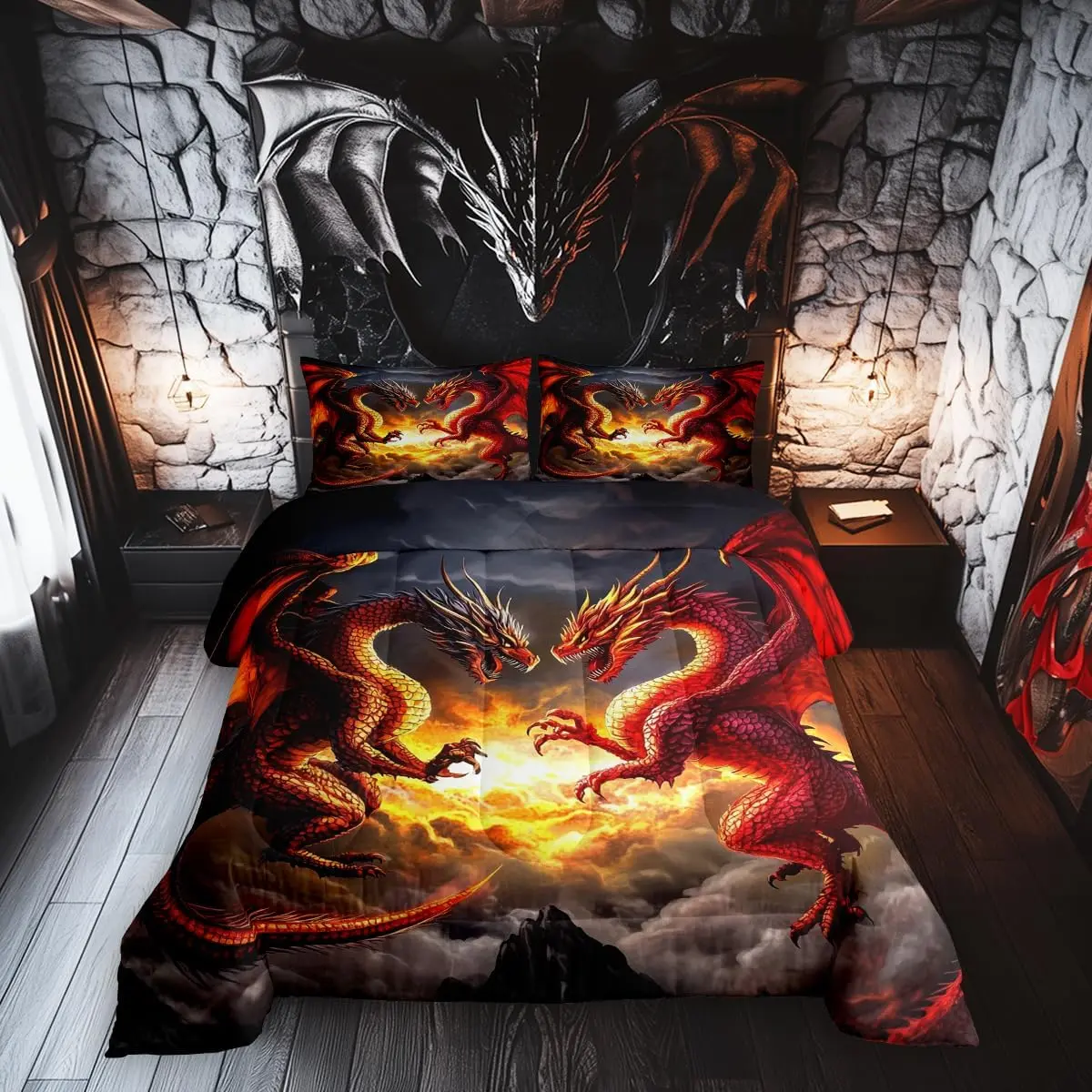 Western Dragon Bedding Set Fierce Wildlife Animal Comforter Flying 3D Dragon Down Comforter Ombre Clouds Shadow Duvet Insert
