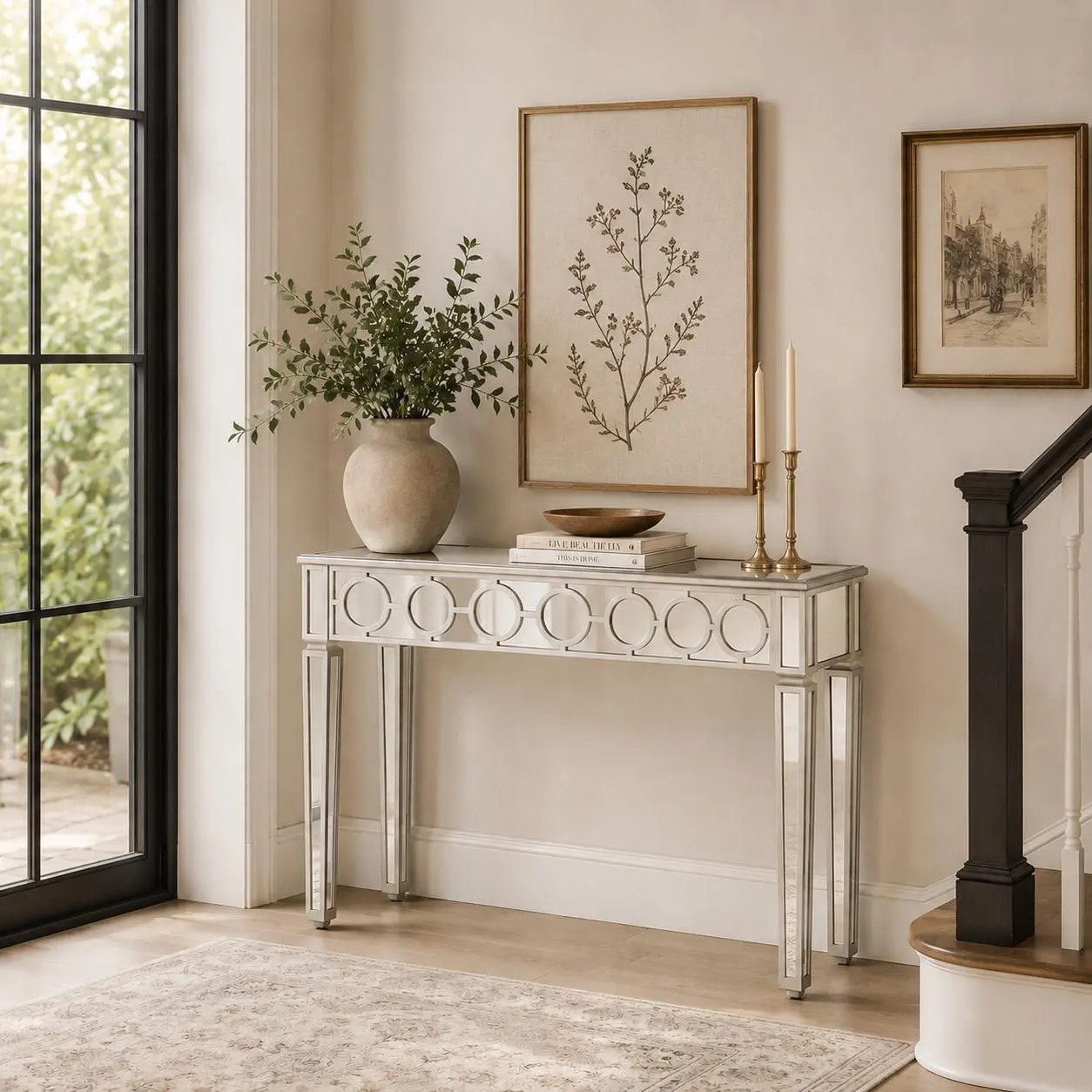 Rectangular Silver Glass Geometric Mirrored Living Room Console Table with Circular Panel Inlay, 47" x 14" x 32"