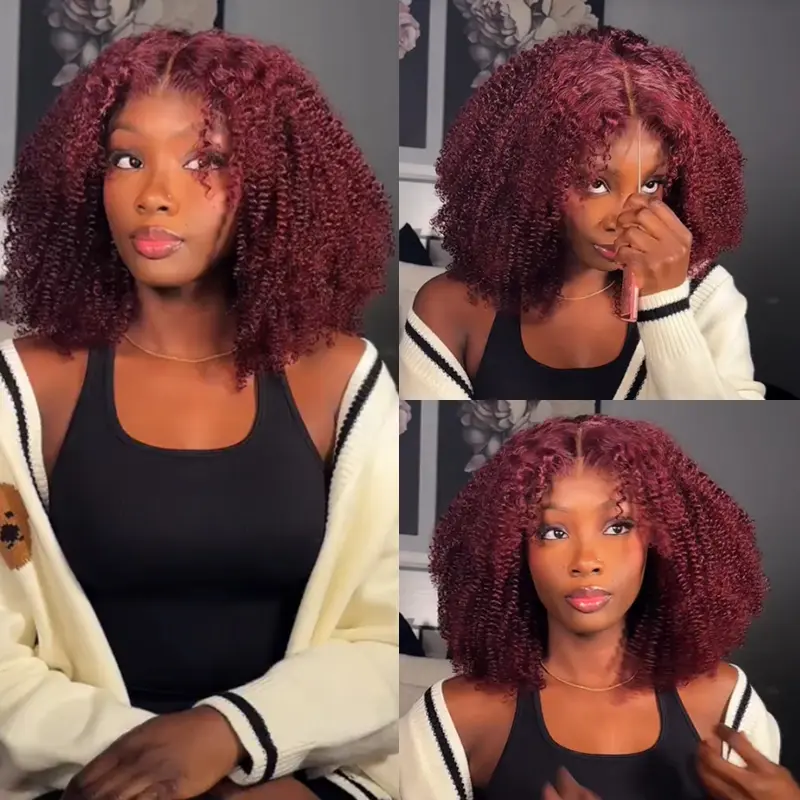 [Clearance Sale] Wiggins Hair Glueless Cherry Cola Red Kinky Curly Wig 7x5 Lace Closure Wig Human Hair Ready To Go Wig Afro Curly Wig Pre Cut Beginners Friendly