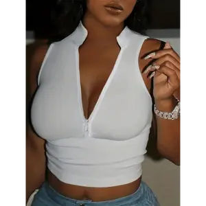 Slayr White Half-Zip Stand Collar Slim Fit Tank Top For Summer Womenswear Knit