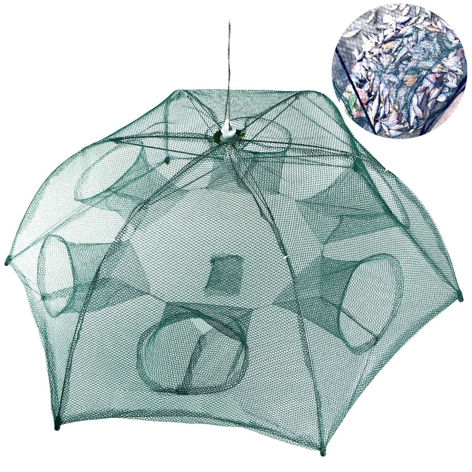 Portable Compact Auto Open Fishing Trap Net - 6-Sided 6-Hole Nylon+Steel Bait Fishing Tackle for Shrimp, Minnow, Crab