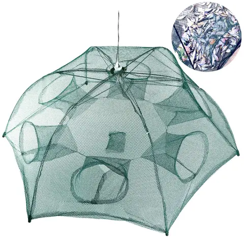 360° Fish-Trapping Net, Portable Compact Auto-Open Fishing Trap - Fishing Accessories, Nylon+Steel, 33.07x33x15 in, 0.57 lbs, 6-Sided Holes, Steel Frame, 12 Months Durability Guarantee, for Shrimp Crab