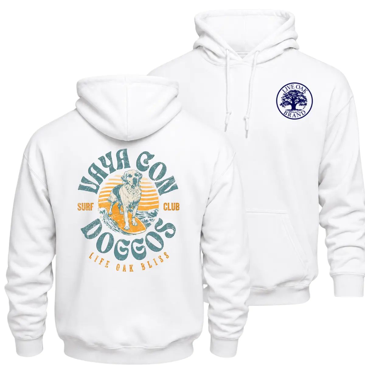 Surf Dog Graphic Hoodie, Coastal Beach Surfing Hoodie, Dog On Surfboard Graphic, Vintage Ocean Sunset Print, Large Back Print Hoodie, Summer Surf Outfit Gift, Dog Lover Gift For Men And Women, Unisex Coastal Style